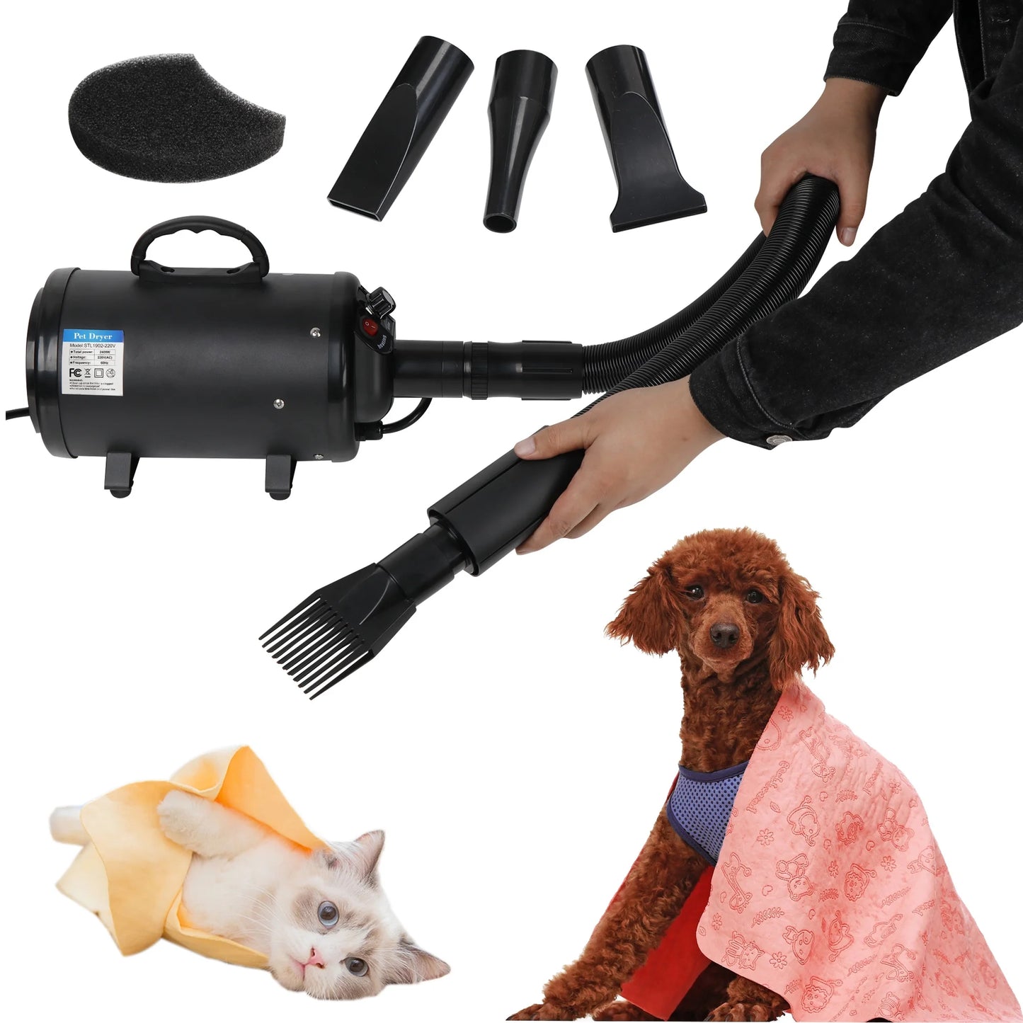 Pet Dog Hair Dryer Portable 2400W Grooming Low Noise Blow Blaster